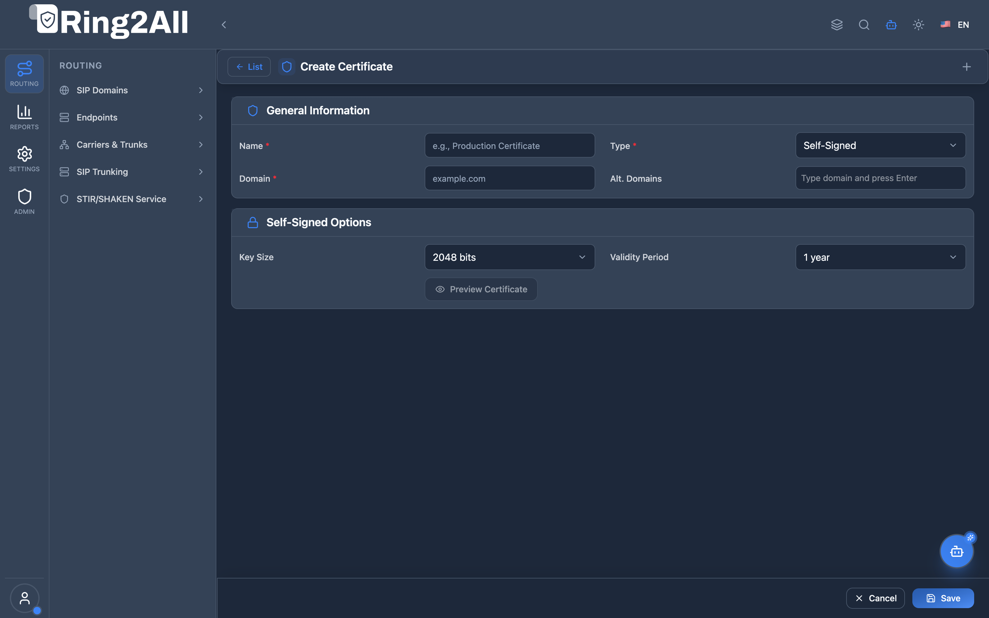 Certificate Configuration Form