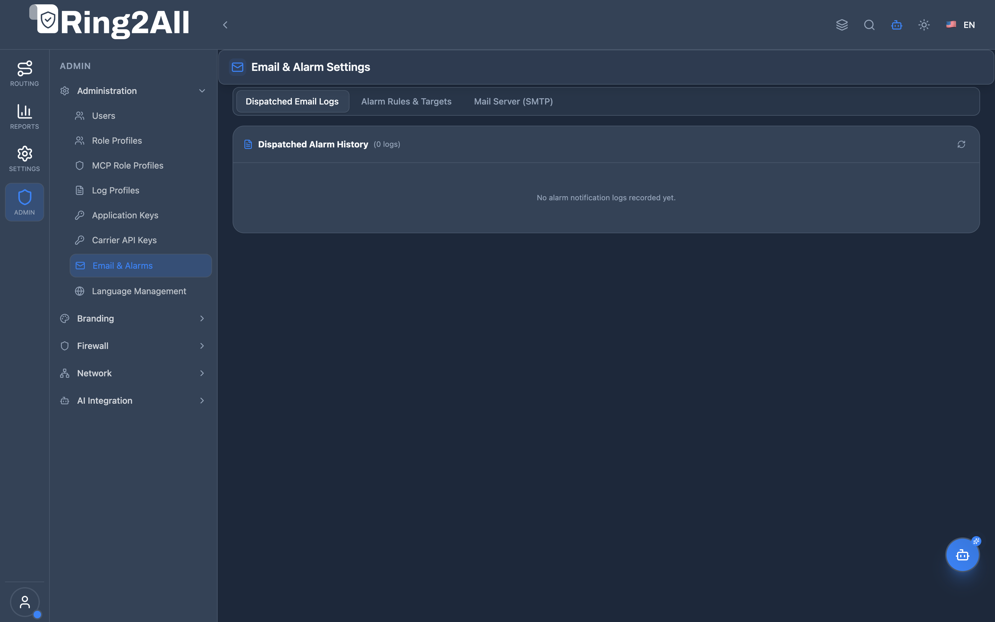 Email and Alarms Settings View