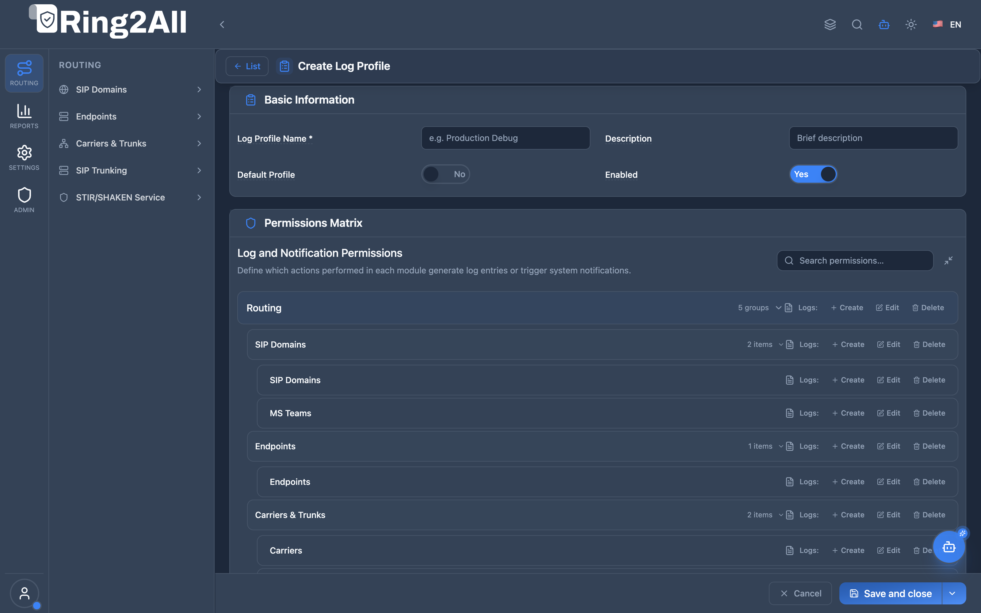 Log Profile Configuration Form