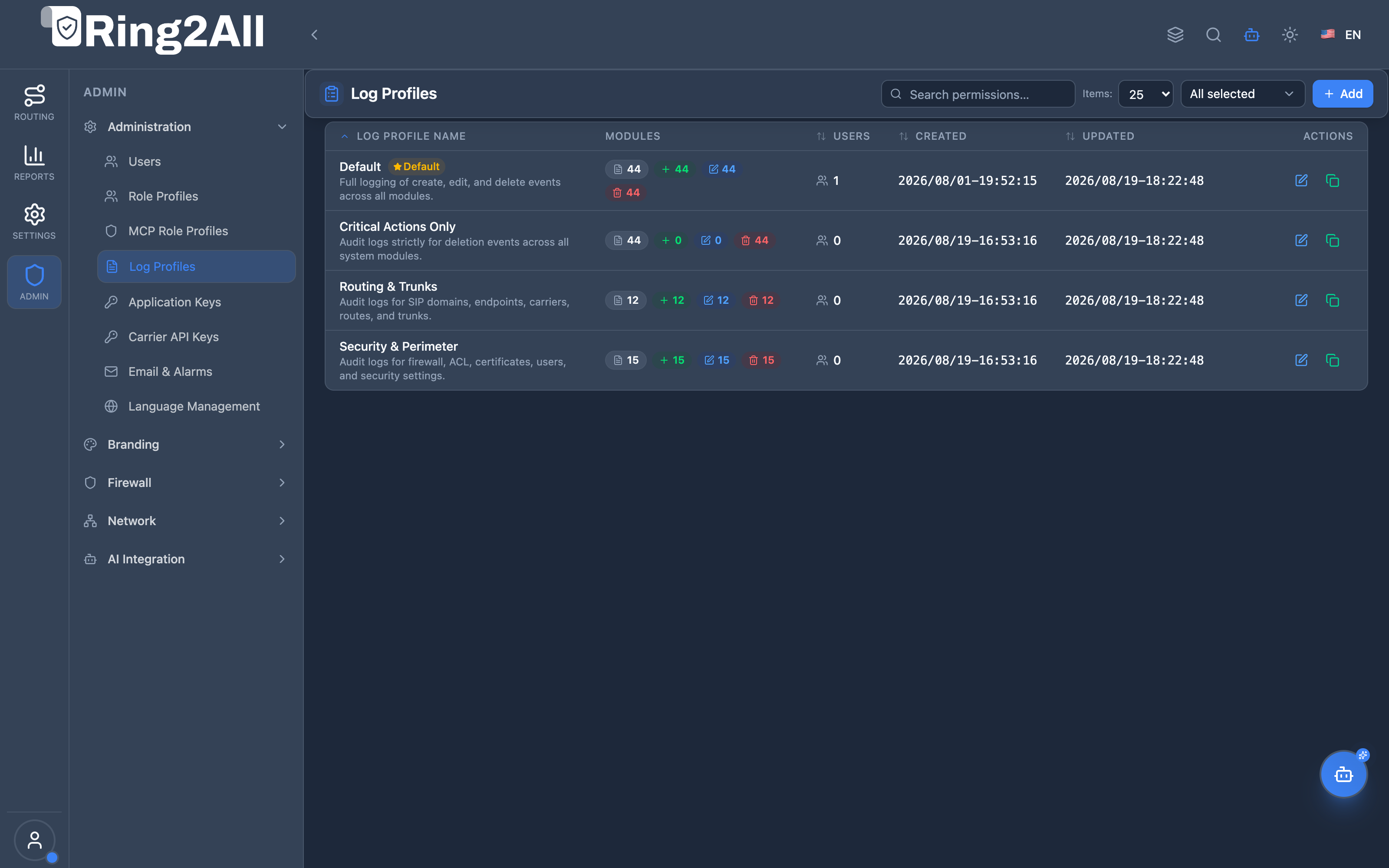 Log Profiles List View