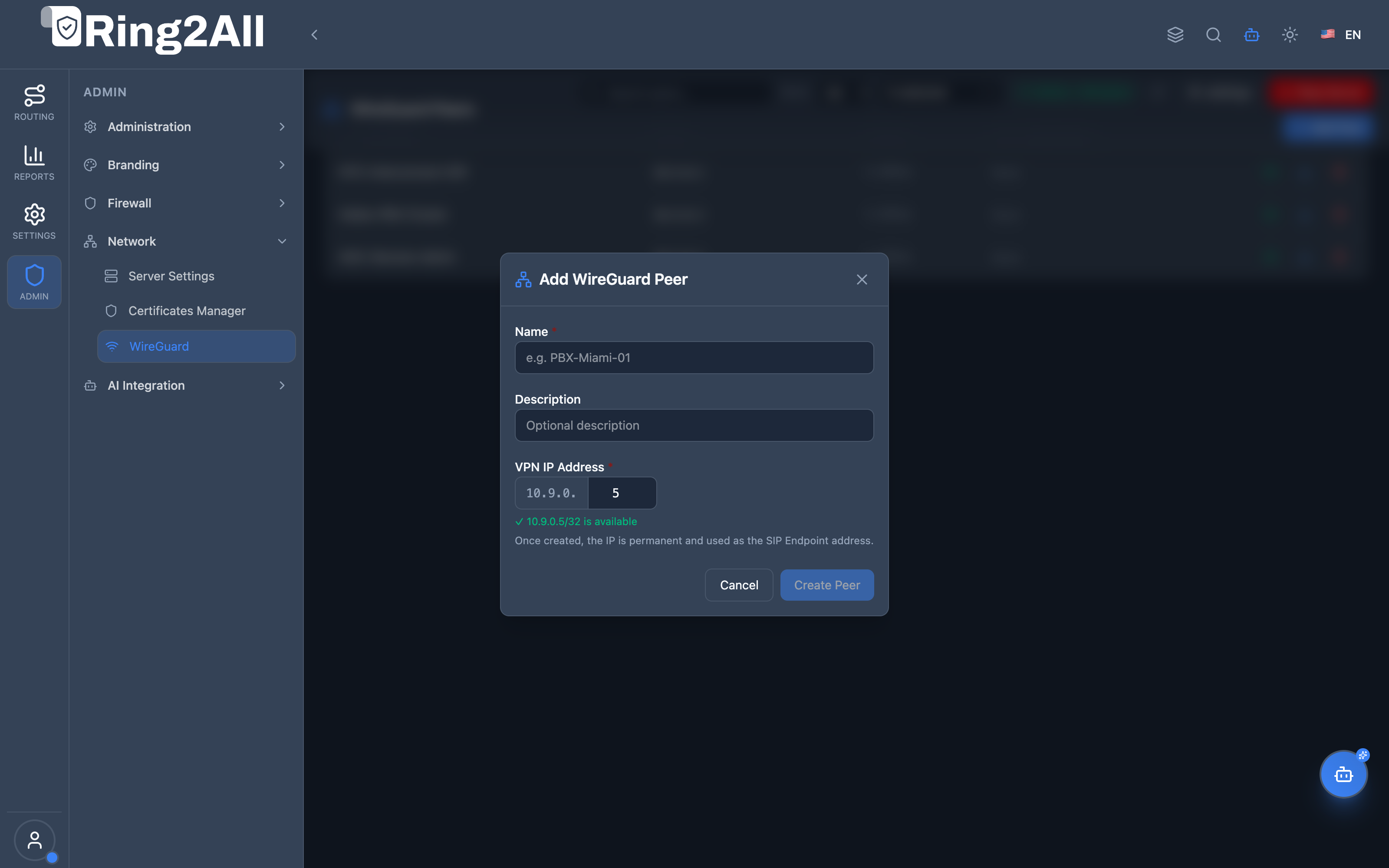 WireGuard Add Peer Modal