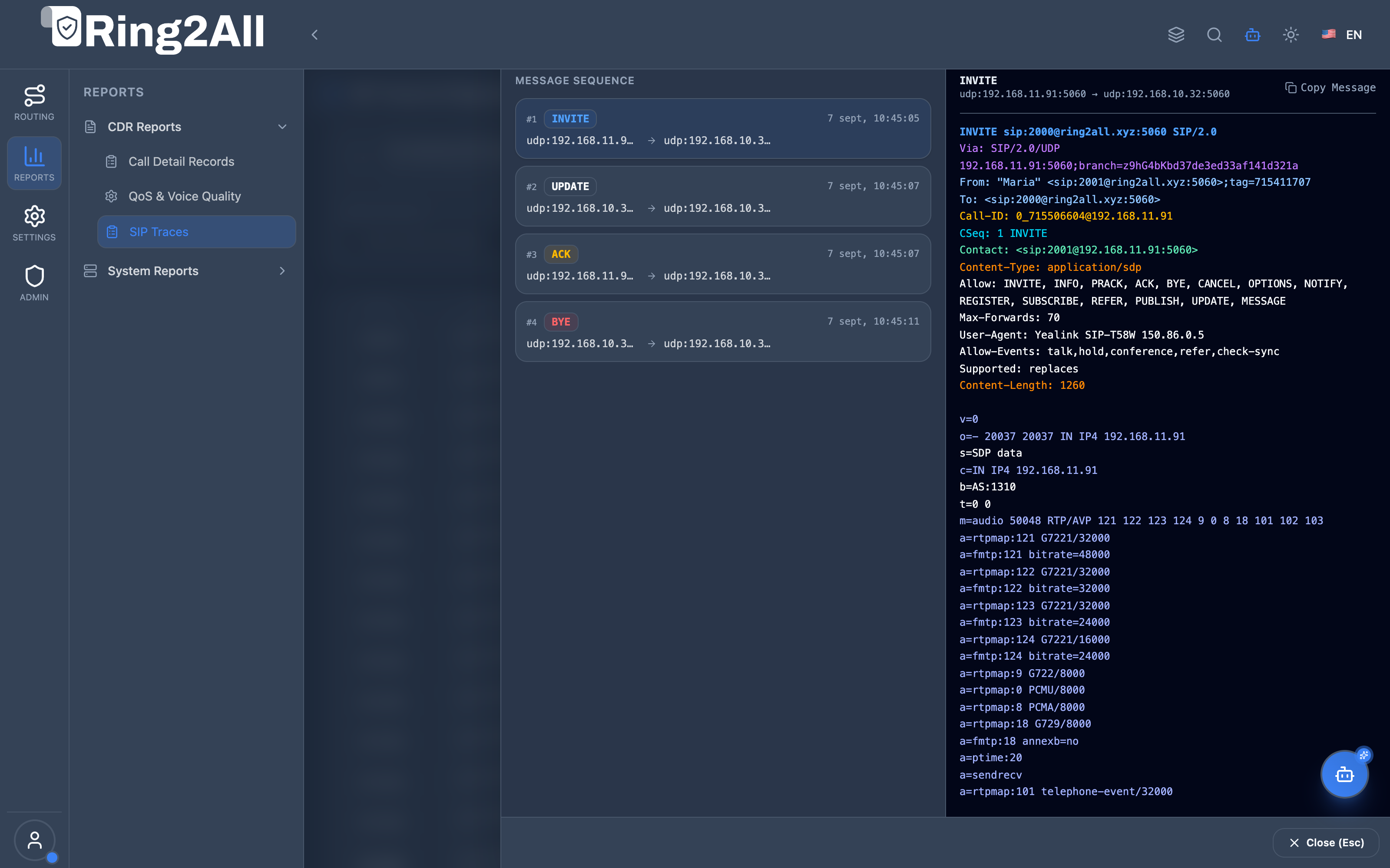 SIP Call Sequence Ladder and Raw Message Highlighter
