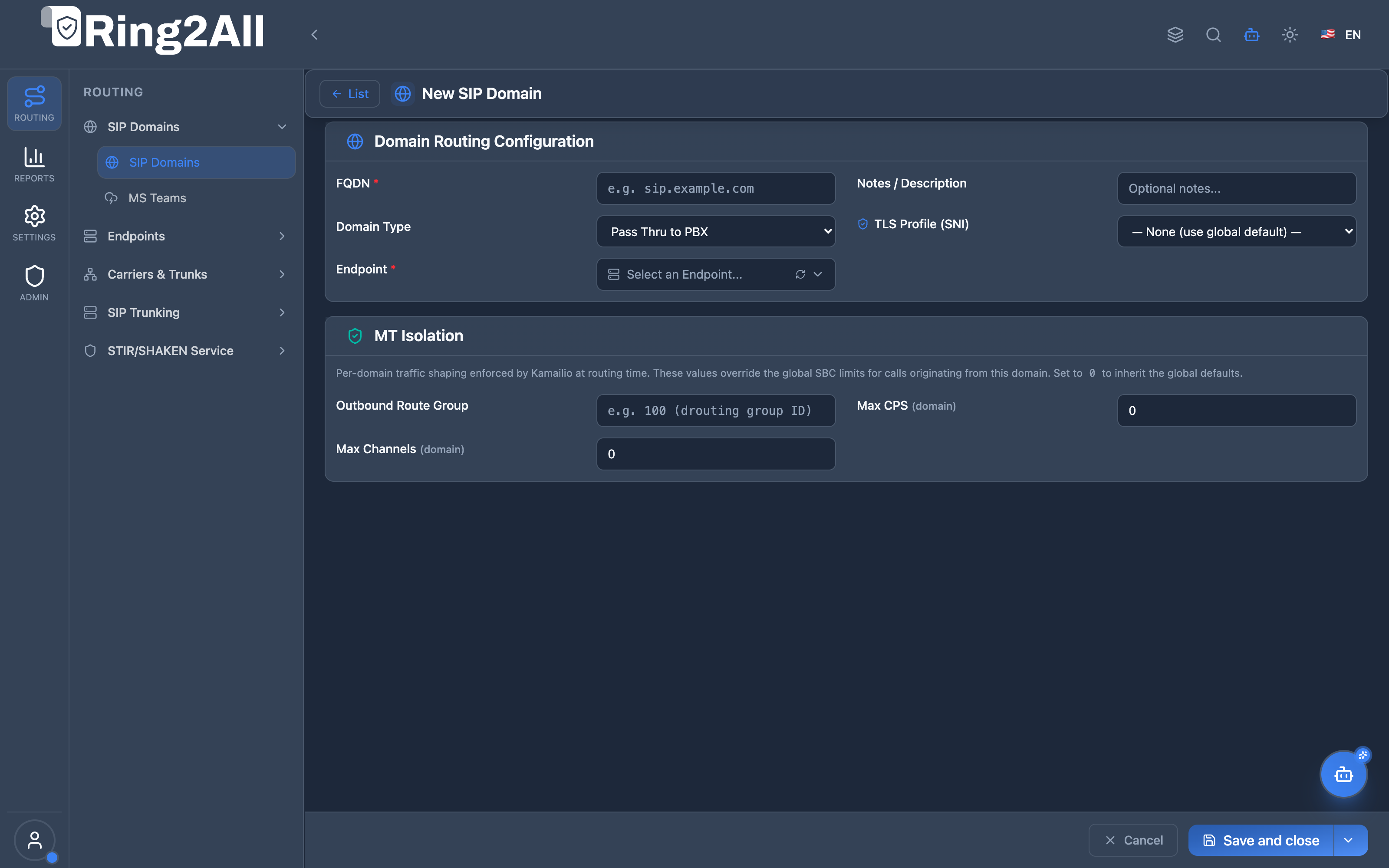 SIP Domain Configuration Form