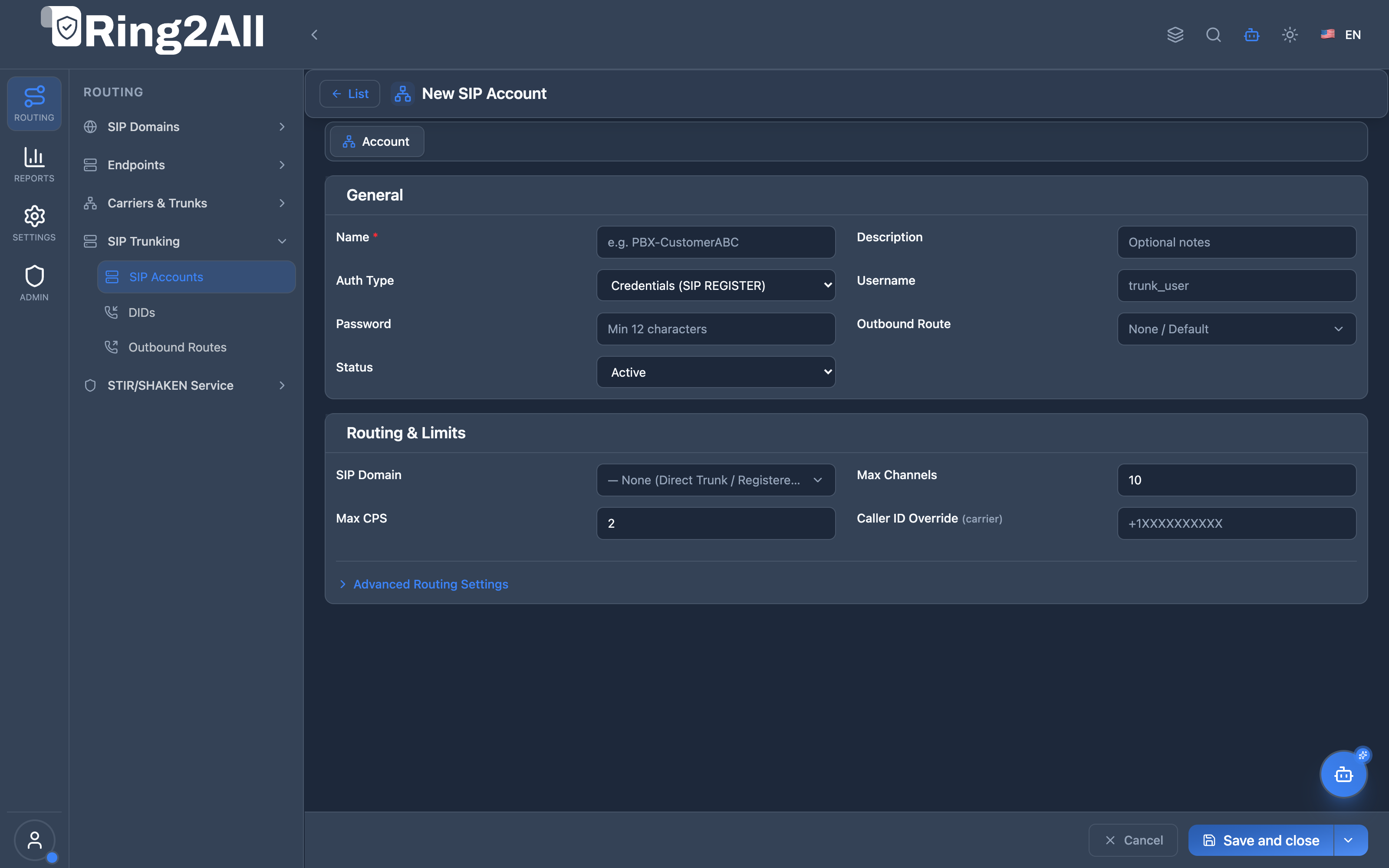 SIP Account Configuration Form