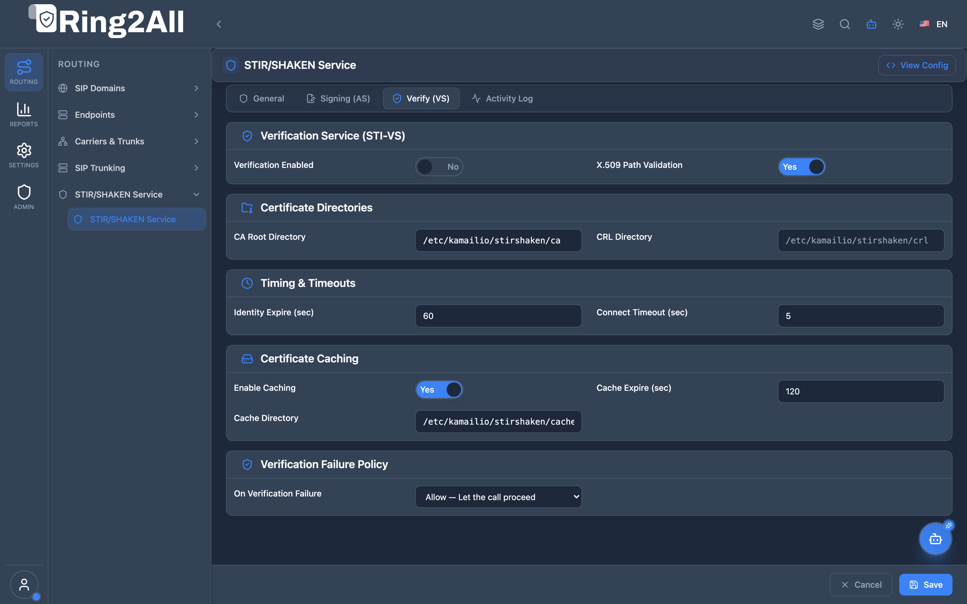 STIR/SHAKEN Verification Tab
