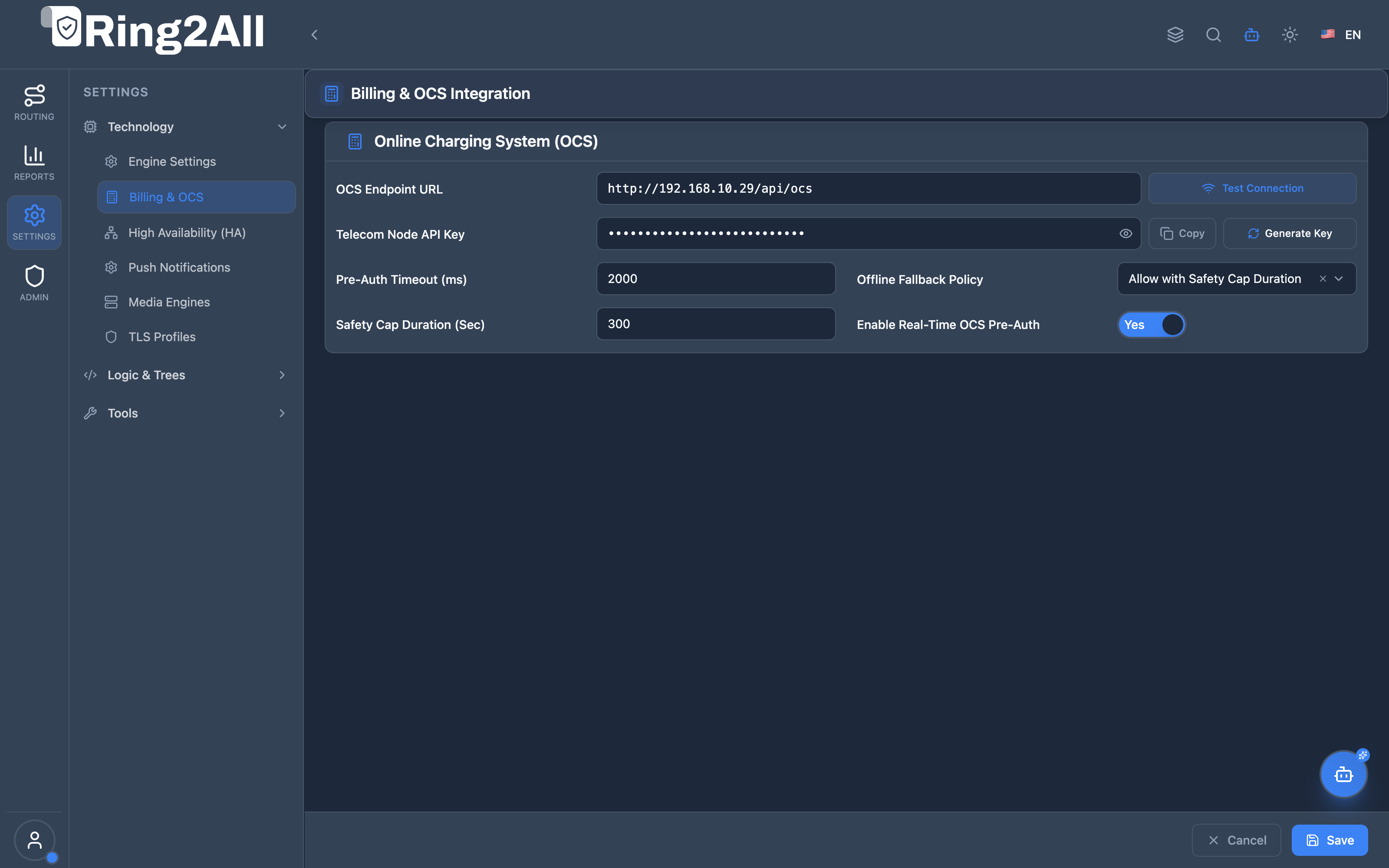 Billing and OCS Settings View