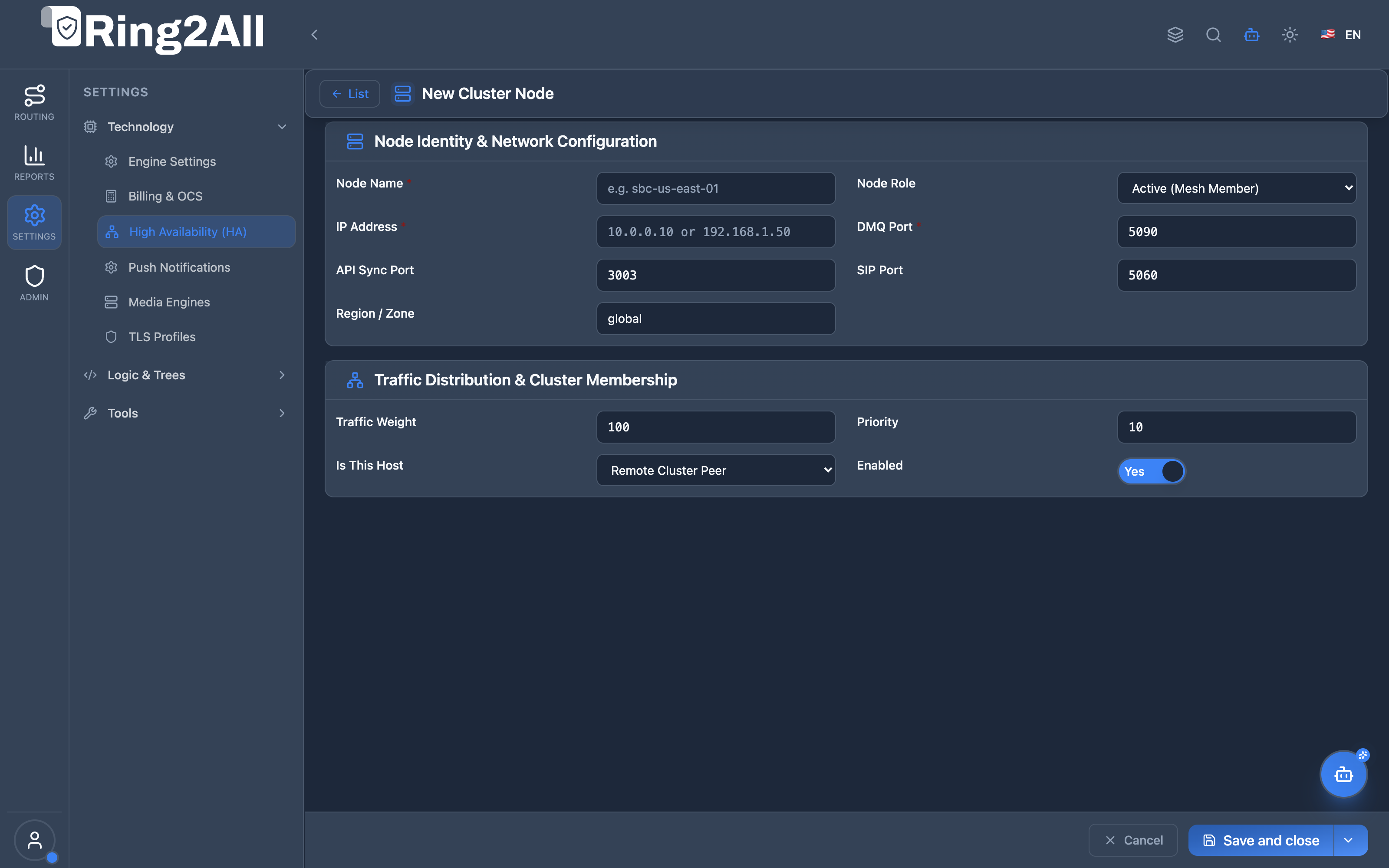 HA Cluster Node Configuration Form