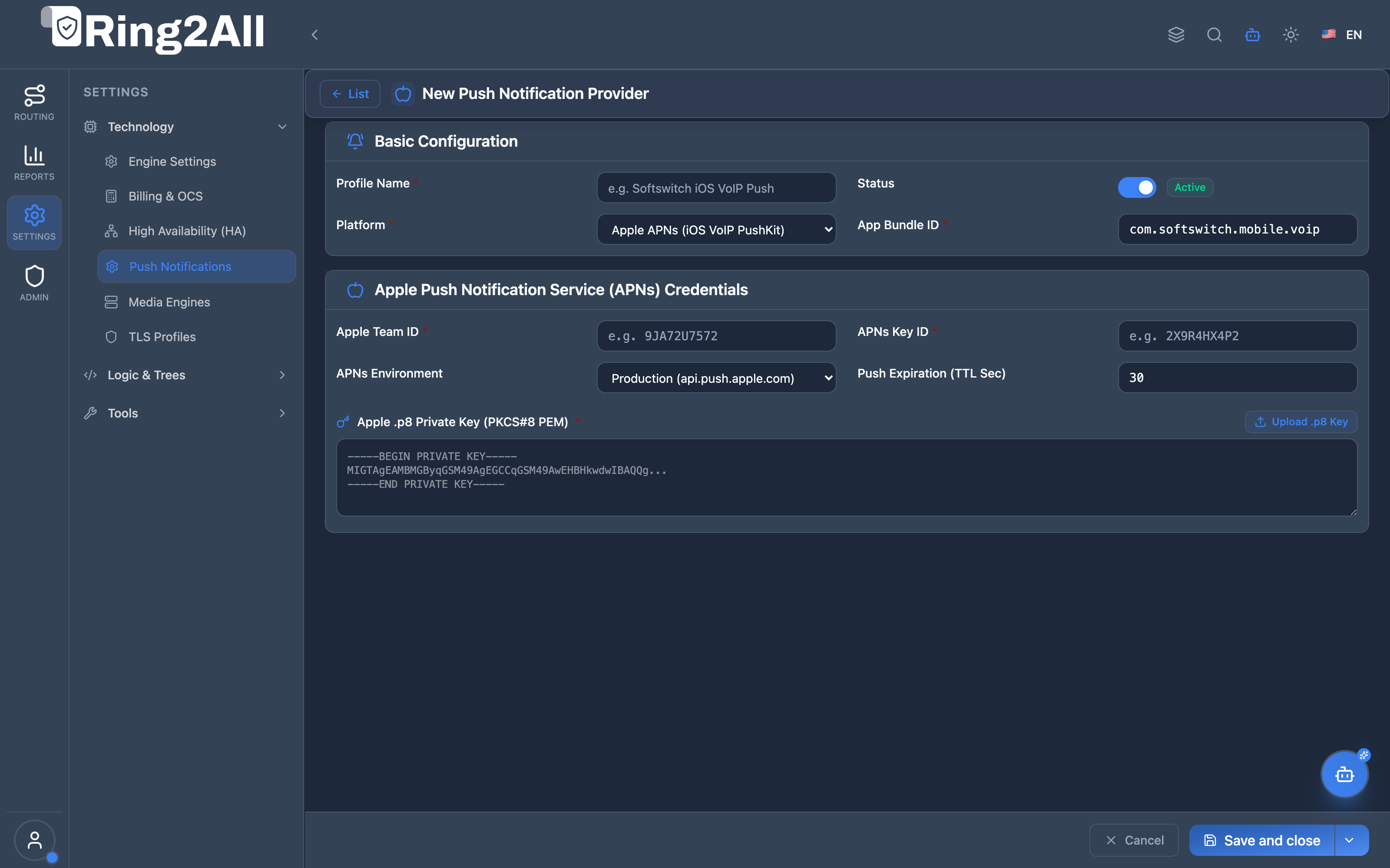 Push Provider Configuration Form
