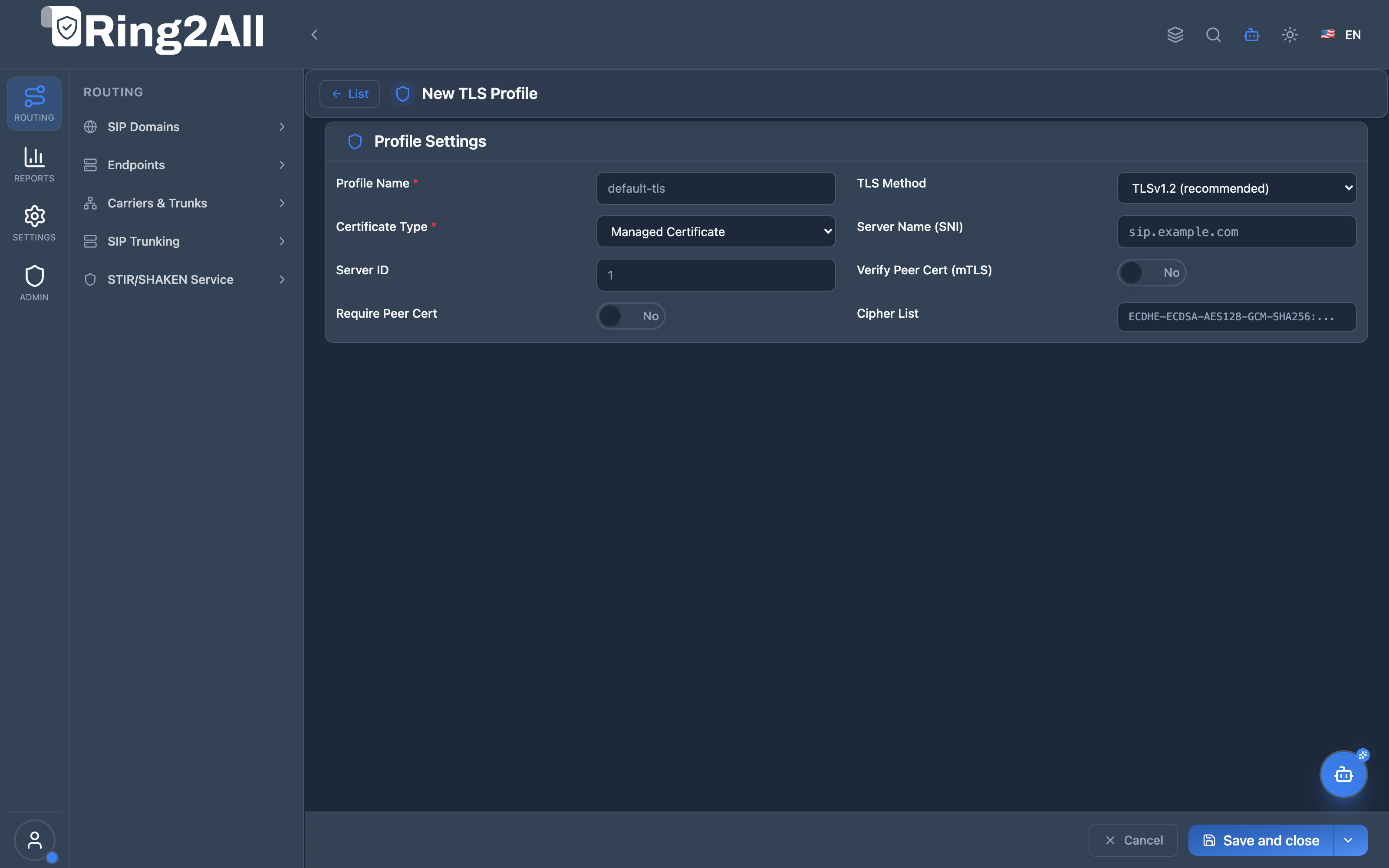 TLS Profile Configuration Form