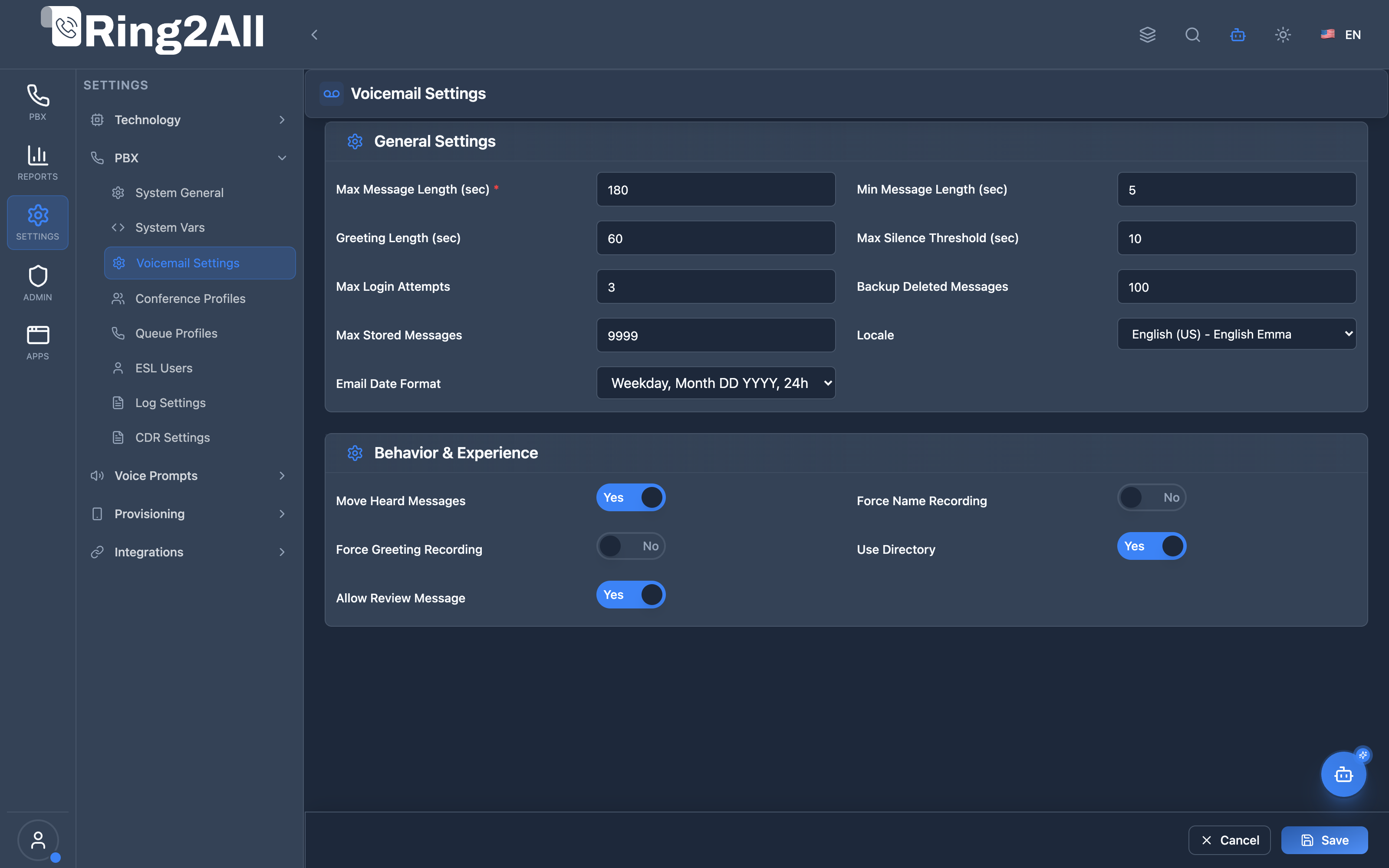 Voicemail Settings Form