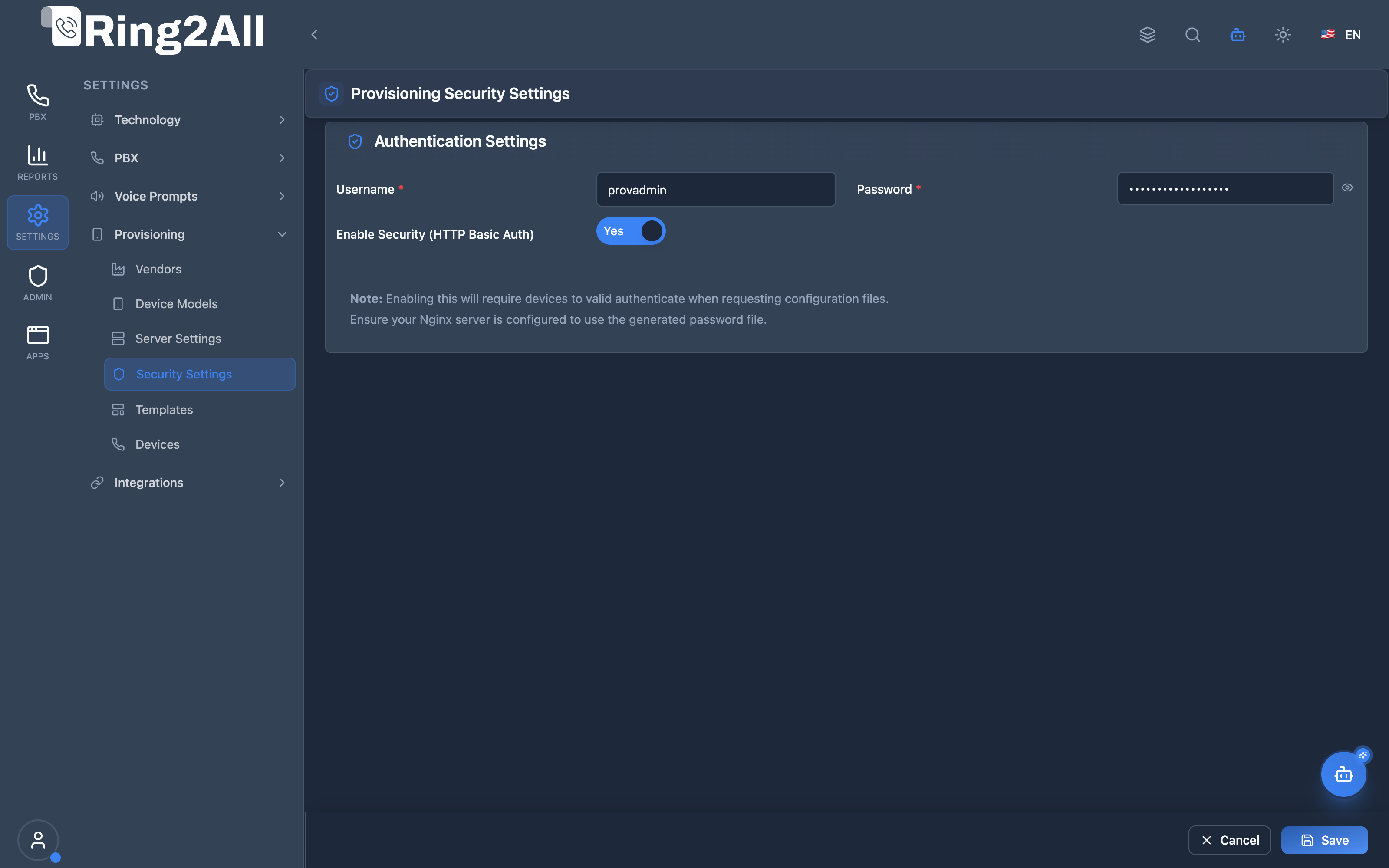 Provisioning Security Settings Form